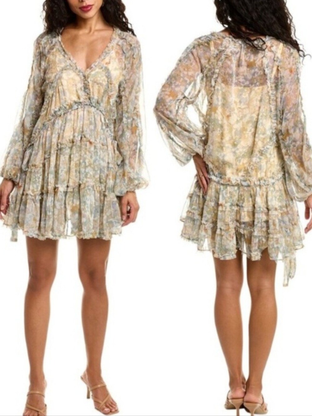 O.P.T. One Pretty Time Rhea Mini Dress Women’s Boho Beige Floral Print Ruffle XS